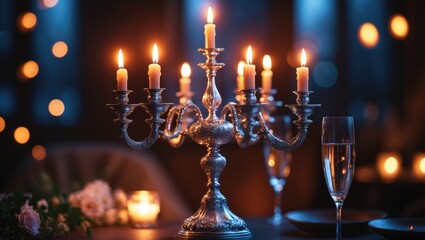 Chic silver candelabra adorned with dancing candles enhances a sophisticated evening ambiance