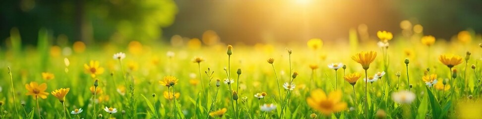Fototapeta premium A lush green field of wildflowers swaying gently in a warm summer breeze, bathed in golden sunlight Perfect for summer, nature, and idyllic backgrounds , landscape, sun, nature