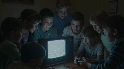 Group of excited children huddle closely around an old television set, engrossed in playing a video game in a dimly lit room, representing retro gaming nostalgia and shared childhood entertainment - Powered by Adobe