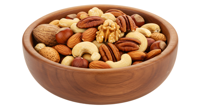 A wooden bowl filled to the brim with a variety of mixed nuts on a plain black background view