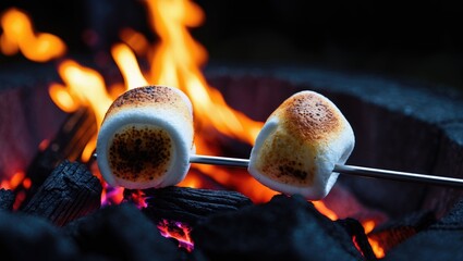 Two marshmallows being roasted on an open flame