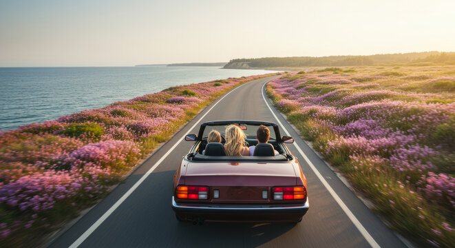 A convertible car travels on a picturesque coastal road, flanked by colorful wildflowers and ocean waves, creating a serene atmosphere of exploration and joy