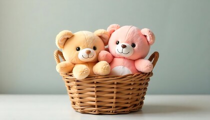 cute plush toys arrangement in basket for children's, Cozy Collection of Plush Toys, created with generative ai