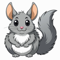 A fluffy gray chinchilla with large ears and a bushy tail sits with white background.
