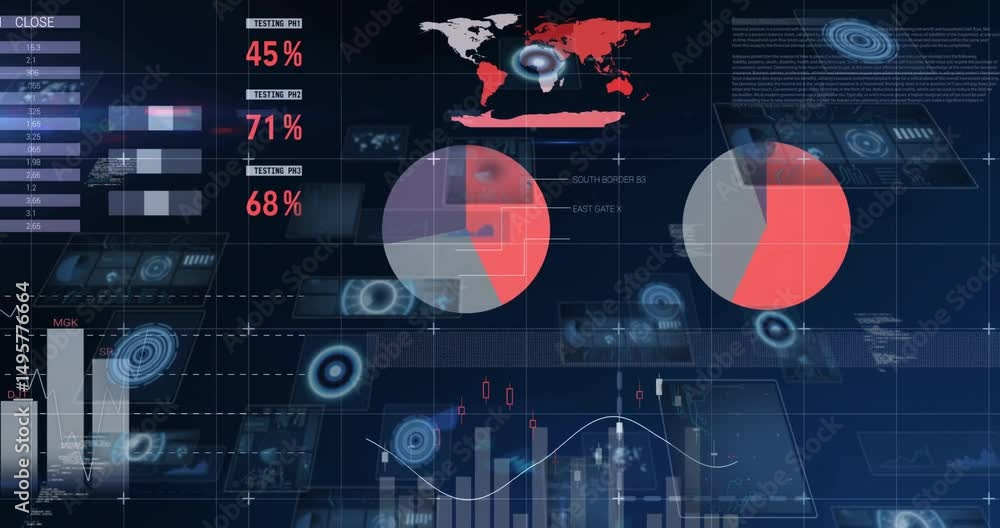 Poster digital dashboard fading in over blue grid updating index table gauges, charts, pie world heatmap