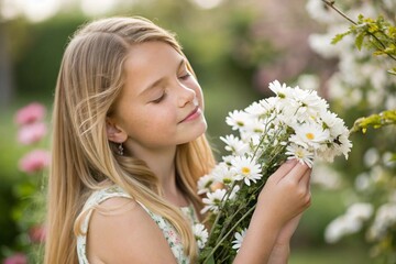 Fototapeta premium girl with a bouquet of white daisies in the garden