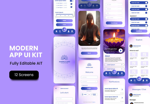 White And Purple meditation wellness mobile interface app screens