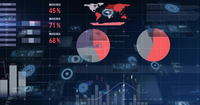 Digital dashboard fading in over blue grid updating index table gauges, charts, pie world heatmap