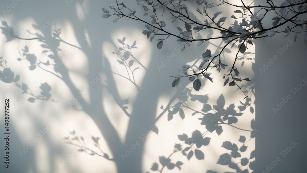 Poster abstract background for design presentation featuring gray shadows of blooming branches on white.
