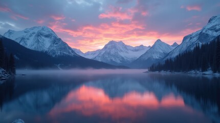 Mountain lake reflecting snowcapped peaks at twilight