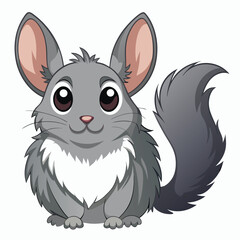 A fluffy gray chinchilla with large ears and a bushy tail sits with white background.