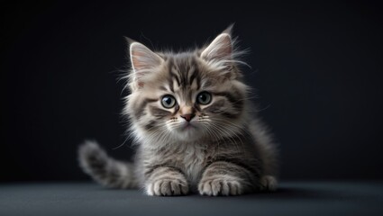 Charming small kitten against a black background in the studio, alone.