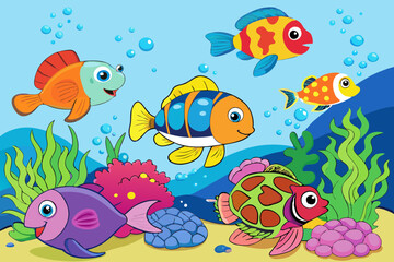 Naklejka premium Colorful Reef with Fish Sea Turtles and Jellyfish