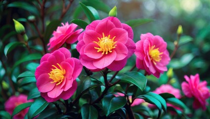 Obraz premium Bright pink petals of a sasanqua camellia flower.