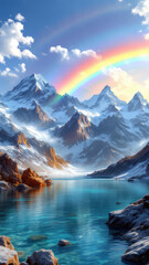 Obraz premium Beautiful mountain lake landscape with rainbow and snow capped peaks scenic view wallpaper background