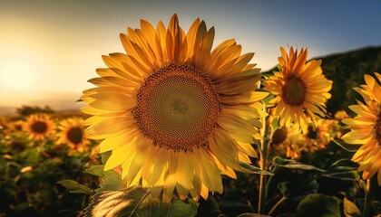 Obraz premium the yellow sunflowers are blooming in a field of sunflowers