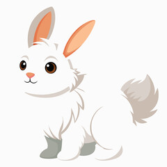 A fluffy white rabbit stands on its hind legs, looking curiously to the side with white background.