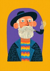 Stylized Cartoon Old Man with a Big White Beard and Pipe