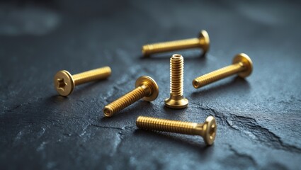 Two threaded inserts in gold metal made of lathe metal for establishing a durable bond between plastic elements, oblong horizontal view from a 45-degree perspective on a black grunge rustic