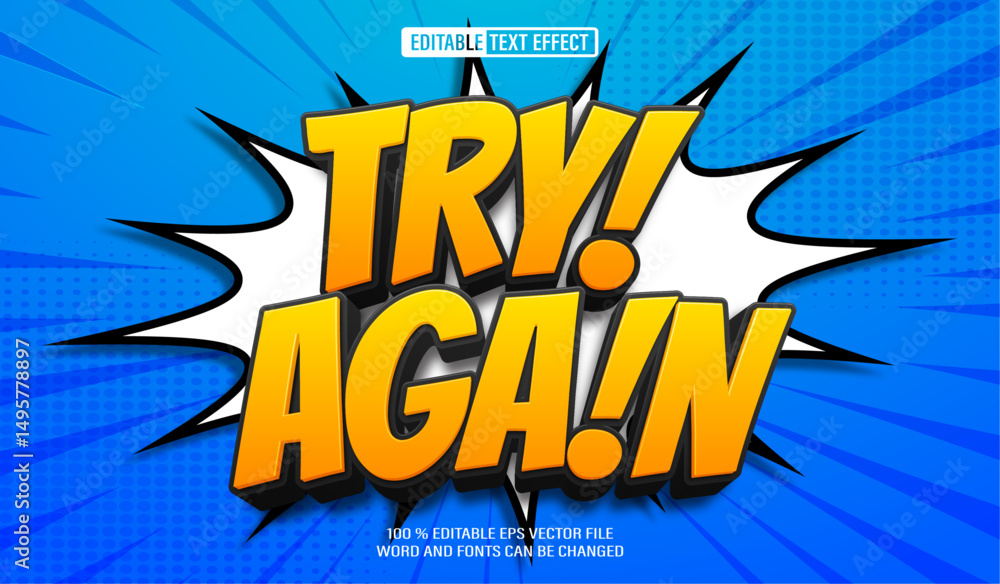 Poster editable 3d text style effect - try again comic game zonk text effect template