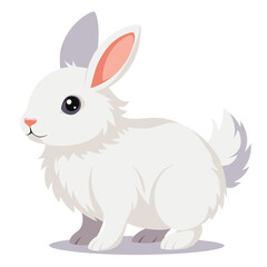A fluffy white rabbit stands on its hind legs, looking curiously to the side with white background.
