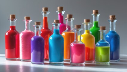 Glass containers holding liquid dyes and pigments for fabric color