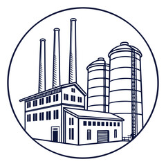 Industrial factory complex icon with silos and chimneys