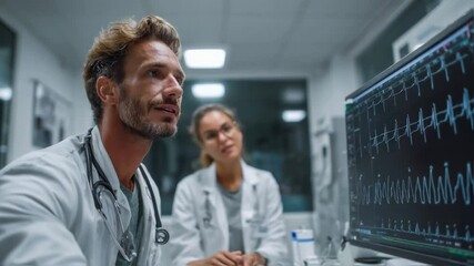 Male doctor pointing at an ecg display on a monitor, discussing with a female colleague in a hospital setting, illustrating cardiology diagnostics and medical collaboration for healthcare - Powered by Adobe
