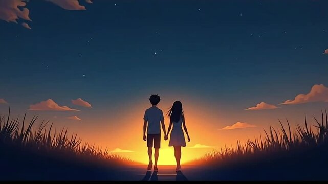 Walking Towards the Horizon: Anime Couple at Dusk