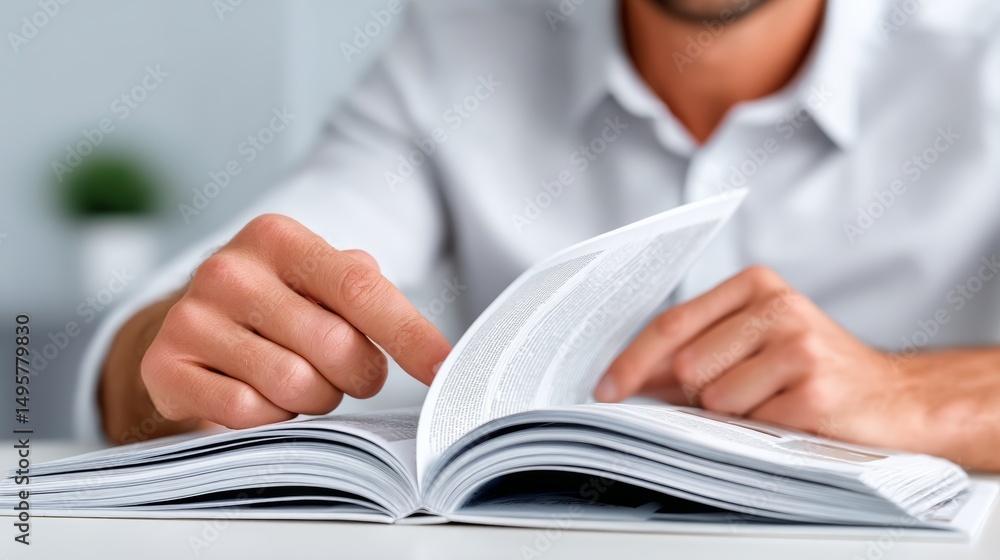 Poster man is reading a book with his finger pointing at a page. the book is open to a page with a lot of t