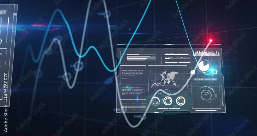 Poster data curves sweeping grid launching translucent panels sliding and pulsing nodes for dashboard view