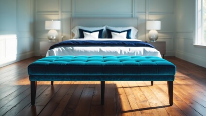 Big bed adorned with cozy bedding and a petrol blue velvet bench in front