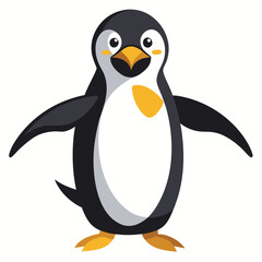 A king penguin with surprised eyes waddles with its wings outstretched  with white background.