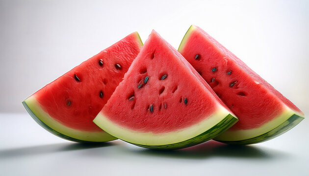 fresh watermelon slices on a white background showcasing vibrant red fruit with green rind perfect for summer themes and healthy eating concepts