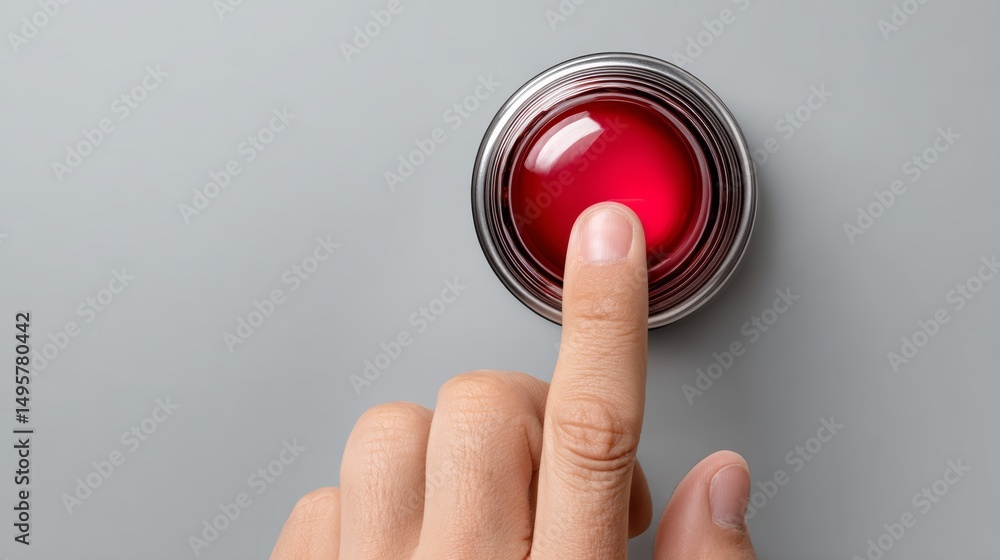 Poster red button is being pressed by a hand. the hand is pressing the button with a finger