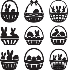 Nine Easter Basket Icons with Bunnies and Eggs