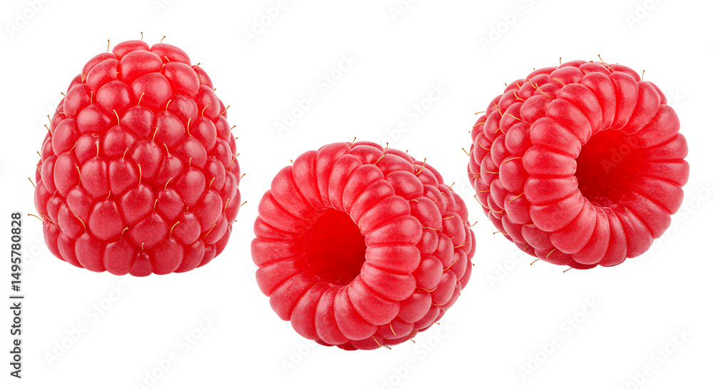 Poster a close up view of three ripe raspberries isolated against a plain black background in a studio shot