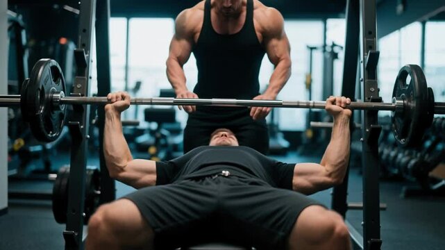 Muscular man performing a bench press exercise supervised by a personal trainer in a well-equipped gym, highlighting strength training, fitness dedication and proper exercise form