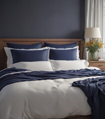 Serene king-size bed, navy bedding, vase of flowers on bedside table , tranquility,  soft,  freshness