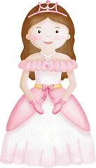 Watercolor illustration of a princess with pink crown and dress on transparent background. © beyouenked