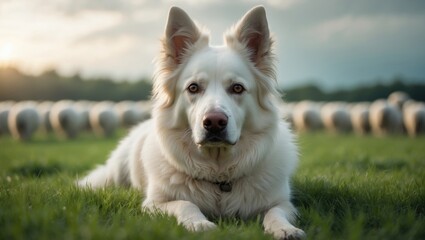 White dog of considerable size reclining on the grass and looking forward, puppy. European breed white shepherd, safeguarding a sheep group.