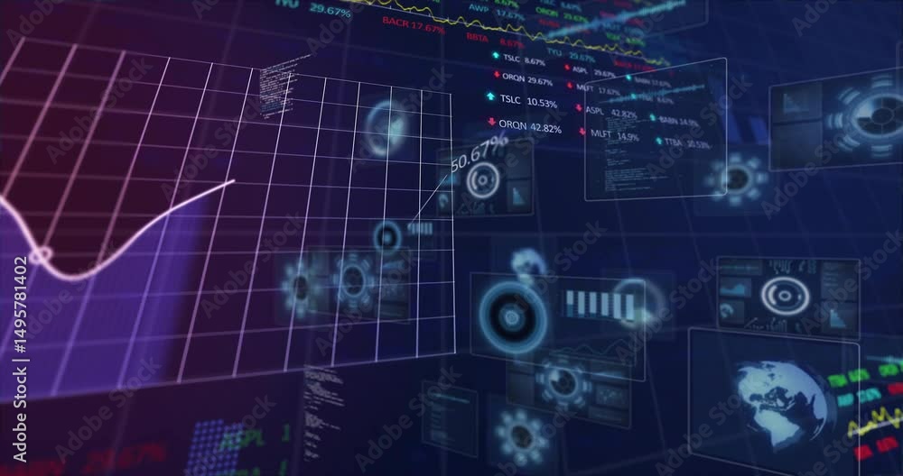 Poster on startup 3d dashboard revealing icons and sliding panels while tracing data curve showing trends