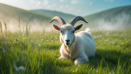 Obraz premium Goat foraging in a field of grass