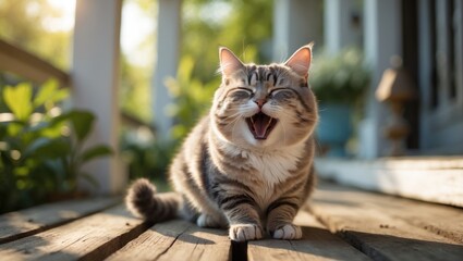 On the porch, a short-legged cat known as a munchkin is yawning