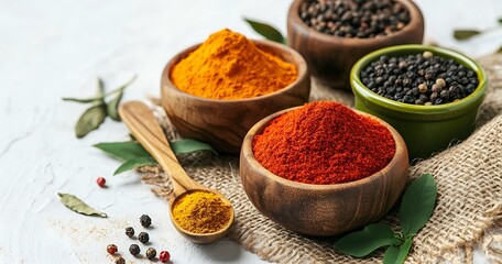 A collection of various spices and seasonings on a white background