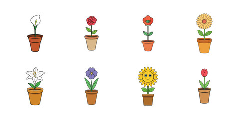 set of vector flower with pot on white background