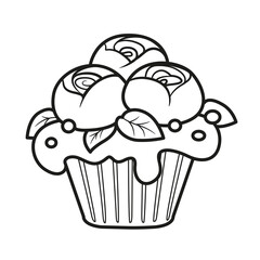 Biscuit cupcake with whipped cream and cream flowers outlined for coloring page on a white background