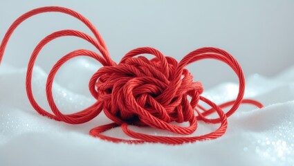 Isolated long slender red string, tightly wound on white