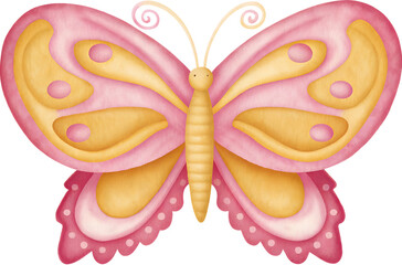 Watercolor pink and yellow butterfly illustration on transparent background.