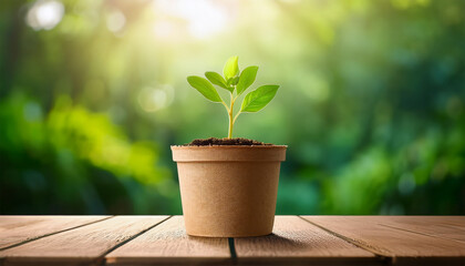 growing plant in biodegradable pot on table with nature inspired background